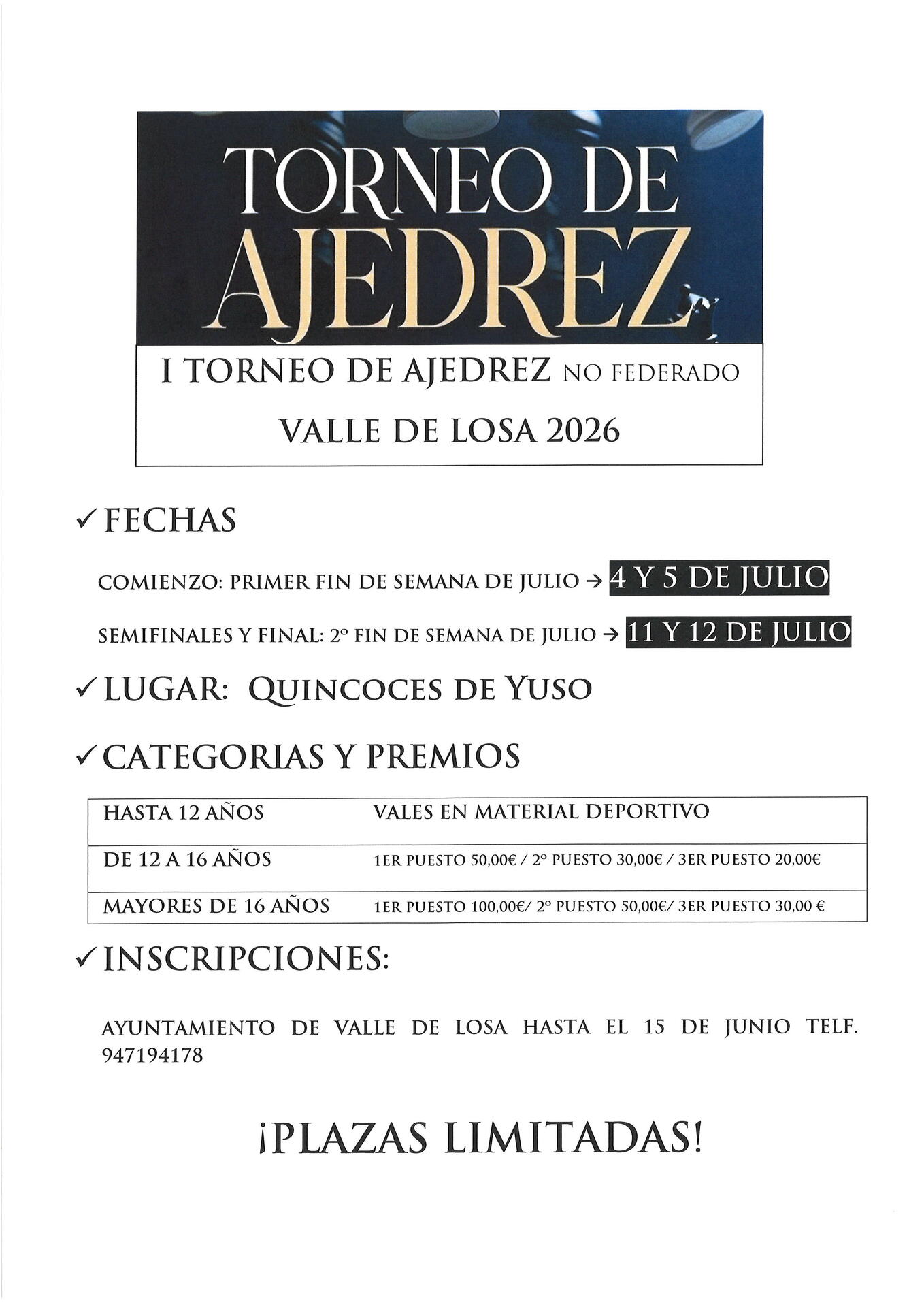 I TORNEO DE AJEDREZ VALLE DE LOSA- LUGAR, FECHAS Y CATEGORIAS